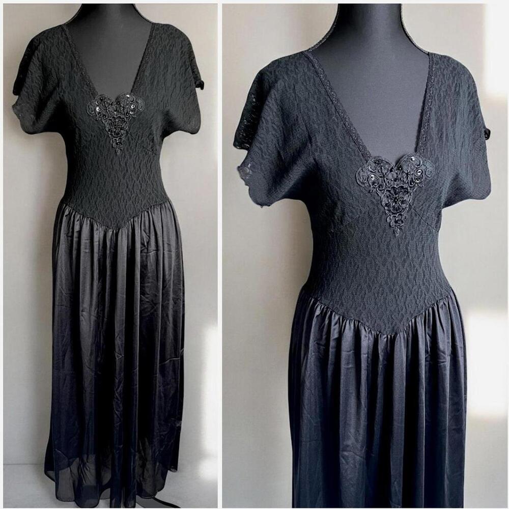 Vintage UNFORGETTABLE Sheer Lace Beaded Maxi Dress Lingerie Gothic Romantic Gown